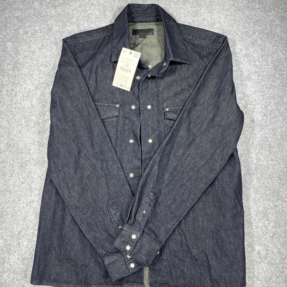 Zara Mens Denim Shirt Large Navy Blue Cotton Western Snap Button 1300/411/405